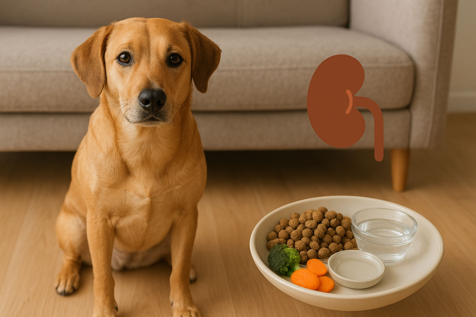 Cane di taglia media accanto a una ciotola con crocchette dietetiche, carote e broccoli, alimentazione per problemi renali